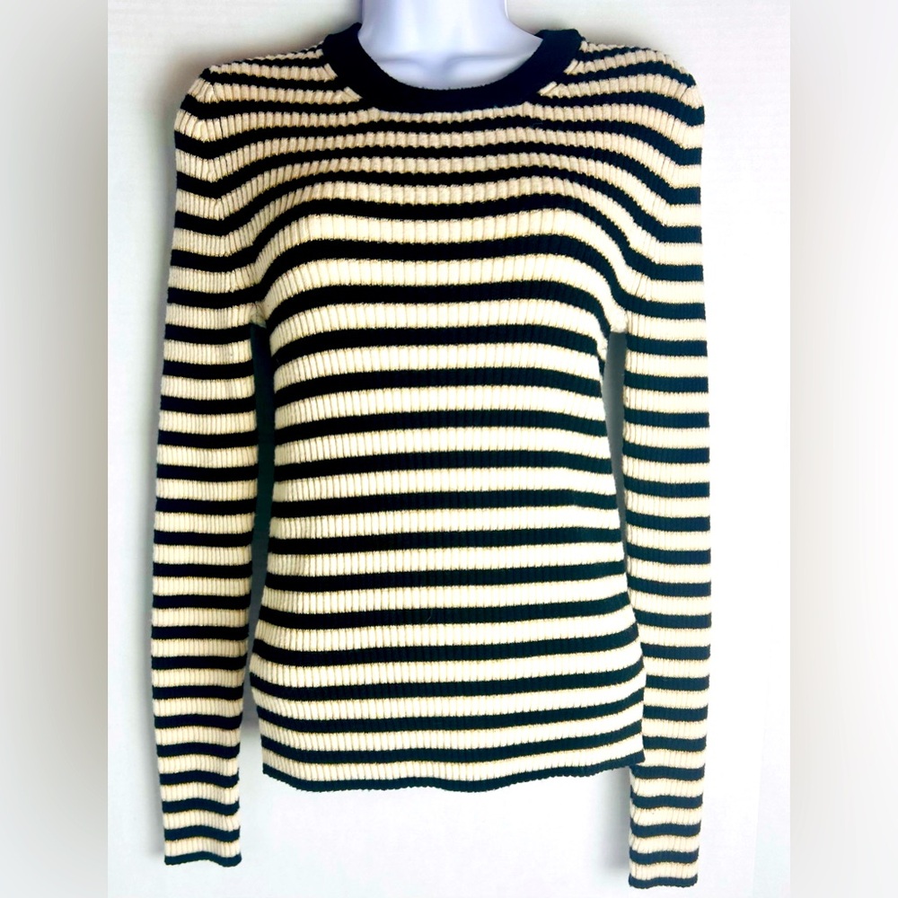GAP PETITE BLACK & CREAM BROOKLYN STRIPED LONG SLEEVE-SWEATER. WOMENS MEDIUM P